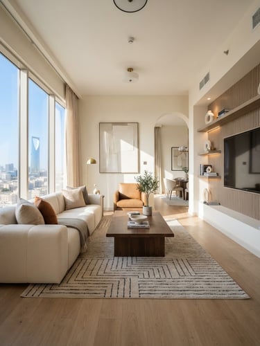 Bright modern apartment living room in Riyadh, natural morning sunlight streaming through large windows, warm neutral tones, clean straight-on architectural composition.