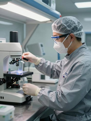 Branded biosafety technician in clean gray uniform placing precise gel barriers in a modern kitchen, bright clinical lighting, focus on equipment.