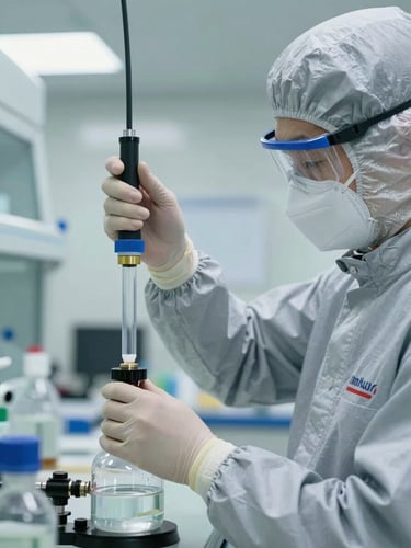 Branded biosafety technician in clean gray uniform adjusting a precise chemical barrier nozzle, bright clinical lighting
