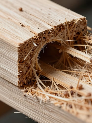 Macro photograph of termite damage inside structural timber, clean high-contrast clinical lighting, sharp focus on wood fibers and tunnels, scientific style