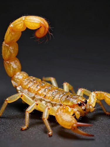 Extreme close-up of a yellow scorpion tail with stinger, illuminated by clinical amber light against a dark background, portrait aspect.