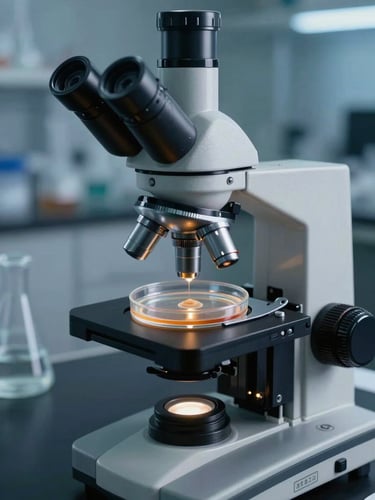 Clinical laboratory environment with a microscope and a petri dish containing a sample, high-contrast lighting, steel-blue and bio-amber tones, scientific authority.