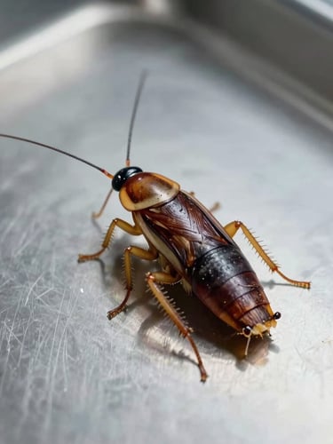 Macro photography of a German cockroach on a sterile stainless steel surface, high-contrast laboratory lighting, sharp focus on antennae.