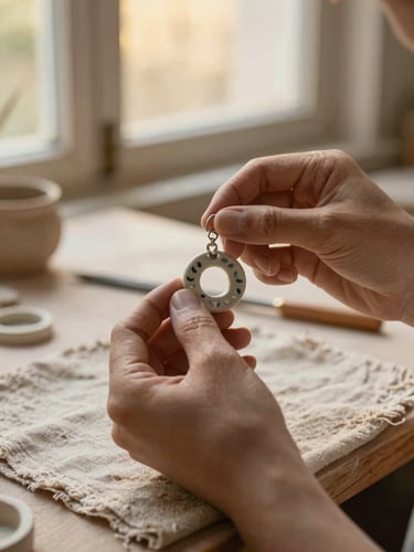 Portrait of an artisan's hands carefully inspecting a finished, glazed stoneware earring on a textured linen cloth in a sunlit studio, soft golden-hour window light, rich earthy tones, high-texture ceramic detail, shallow depth of field.