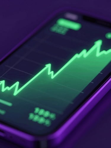 Ultra close-up macro shot of a high-resolution mobile screen displaying fluid neon green data charts, dark background with ambient violet glow, sleek 3D render