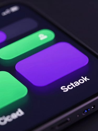 Ultra-close macro shot of a high-resolution mobile screen showing fluid UI transitions with vibrant neon violet and emerald glows, sleek 3d render, dark high-contrast ambient lighting