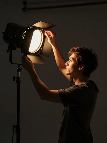 Cinematic low-key photography, environmental portrait of a creator adjusting a studio light, deep shadows, warm gold key light