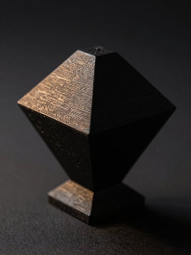 Dramatic low-key close-up of a highly detailed matte black 3D printed geometric sculpture, sharp side key light highlighting textures, dark graphite background, cinematic depth of field.