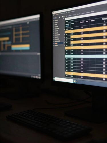 Cinematic low-key photography, close-up of a dark workspace with glowing digital screens showing project timelines, low-key lighting