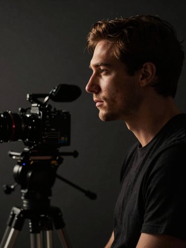 Cinematic environmental portrait of a male creator in a dark studio, low-key chiaroscuro lighting, warm key light highlighting profile, deep graphite shadows, professional camera setup visible in the blurred background.