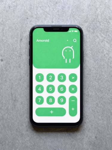 Overhead flat-lay of an Android smartphone on a clean slate-gray metal workbench displaying a simple green and white calculator app interface, bright even studio lighting, sharp macro focus