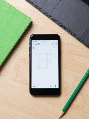 Overhead flat-lay of a clean wooden workspace with an Android test device showing a wireframe interface, surrounded by a slate notebook and a green pencil, bright even studio lighting