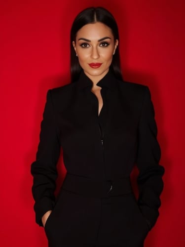 Serena Maria Lerose, Business-Coach für Social Media Management, vor rotem Hintergrund im schwarzen Hemd