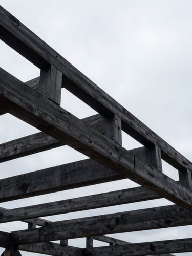 Wide-angle dramatic construction shot of a raw timber roof truss structure against an overcast Lithuanian sky, sharp focus on wooden joints, deep charcoal tones.
