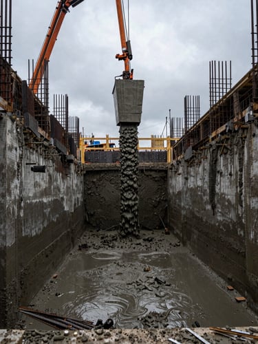 Dramatic wide-angle construction site photography, heavy concrete pouring from a pump into a steel-reinforced trench, wet concrete textures, overcast gray sky, sharp industrial focus.