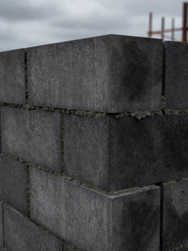 Close-up of precise masonry work, neat mortar lines between gray silicate blocks, industrial construction site, sharp focus, dramatic overcast daylight, 35mm lens