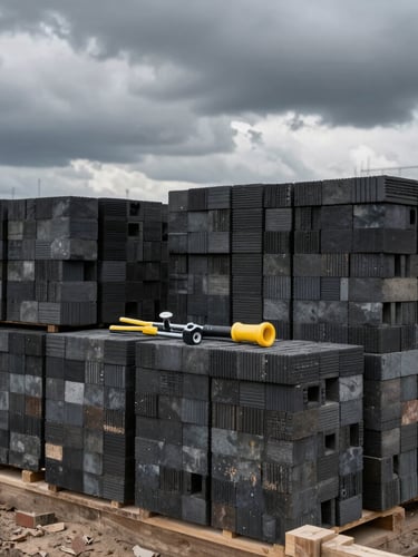 A clean and highly organized construction site in Lithuania, stacks of neatly arranged bricks, professional tools, overcast dramatic sky, dark tones.