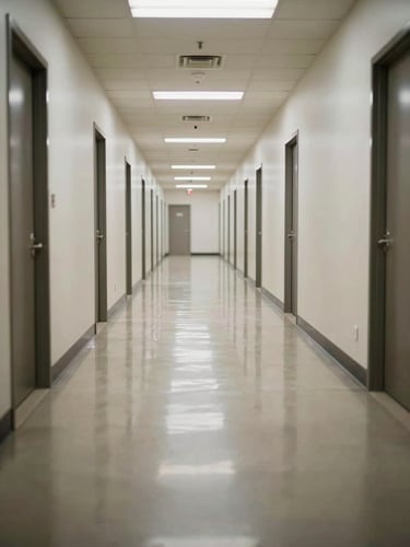 Wide interior shot of a long commercial building corridor in perfect order — polished floor reflecting overhead fluorescent light, no people, doors closed, every surface immaculate, shot from low angle to emphasize floor clarity and depth of field