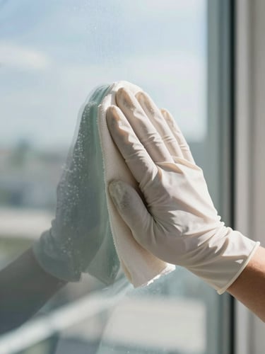 Extreme close-up of a gloved hand wiping a large glass facade panel, daylight from outside casting sharp reflections on the clean surface, no smudges, clinical north-facing indoor light, documentary framing emphasizing surface clarity
