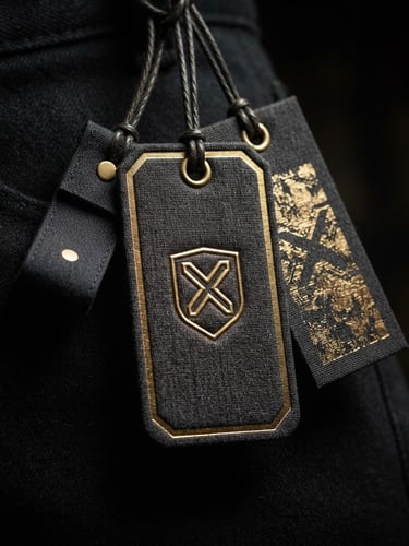 Sleek digital mockup of the domain on premium apparel tags, dramatic low-key lighting, deep charcoal and gold accents, clean minimalist render, wide.