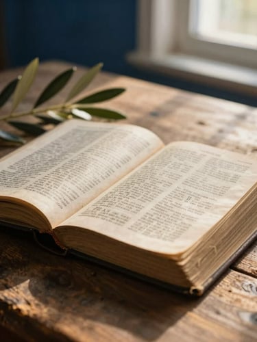 Close-up of an open ancient Bible on a rustic wooden table next to an olive branch, soft natural window light, warm gold and deep blue tones, shallow depth of field, editorial photography