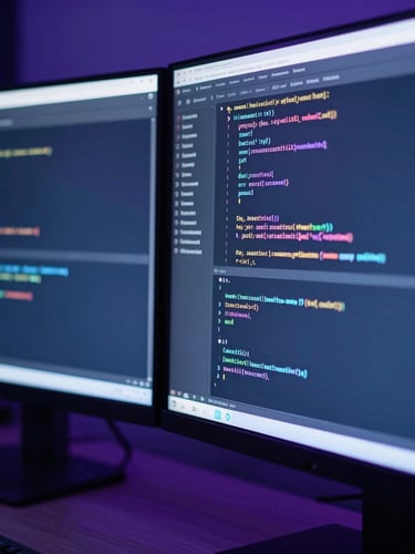 Macro shot of dual monitors displaying clean, structured code in a dark room with cool blue and violet ambient reflections, shallow depth of field, 35mm