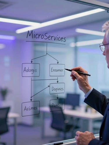 A senior engineer sketching a complex microservices architecture diagram on a glass whiteboard, cool blue and violet ambient office lighting, professional tech environment, shallow depth of field, 35mm