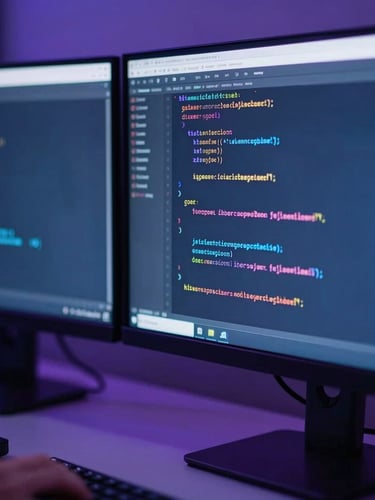 Macro close-up of dual-monitor setup showing clean code structures, cool blue and violet ambient office lighting, shallow depth of field, 35mm