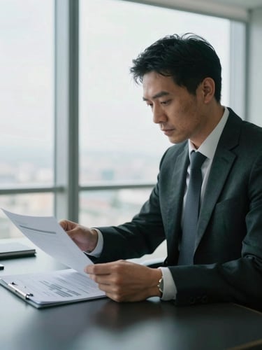 Executive reviewing financial documents in a high-altitude boardroom, cool natural window light, sharp focus, 35mm