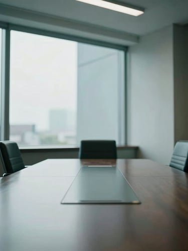 Premium corporate boardroom with cool window light, desaturated tones, sharp focus, 35mm, reflecting architectural precision