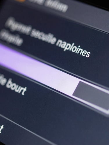 Macro close-up of a digital interface showing a secure file upload progress bar, with faint purple light reflecting on dark glass panels.