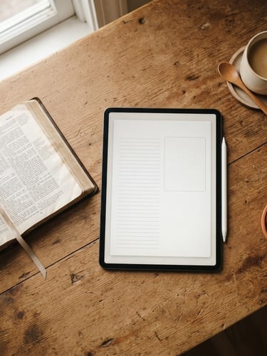 Overhead flat-lay of a digital tablet displaying a clean journaling template with generous margins, resting on a rustic wooden desk next to an open Bible, soft morning window daylight, warm neutral tones, 35mm