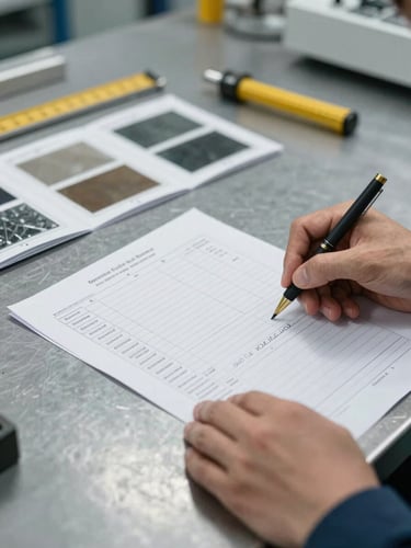Close-up of hands reviewing printed factory inspection documentation on a steel worktable, product samples arranged in background with measurement tools, professional studio lighting, sharp focus on annotated quality-control forms, factory floor context visible in soft focus behind