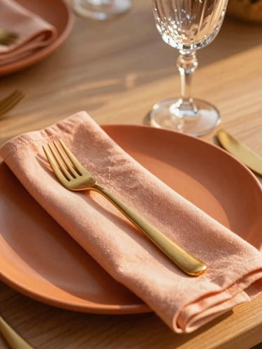 A beautiful portrait-oriented table setting with a terracotta ceramic plate, a peach linen napkin folded elegantly, gold cutlery, and a crystal wine glass reflecting warm golden hour natural light, shallow depth of field, 35mm
