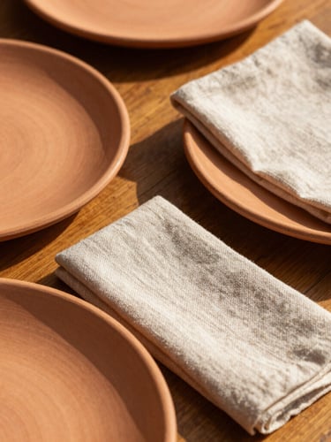 Close-up of textured terracotta plates and custom linen napkins on a wooden table, warm golden-hour sunlight, soft shadows, 35mm photography