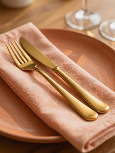 Close-up of a beautifully curated table setting, textured terracotta ceramic plates layered with a custom peach linen napkin, elegant gold-brushed cutlery, warm golden-hour sunlight casting soft shadows, shallow depth of field, 35mm editorial photography.