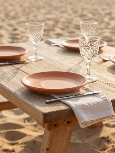 A close-up of a low picnic table on a sandy beach, textured terracotta plates, linen napkins, and sparkling glassware catching the warm golden hour sunlight, shallow depth of field.