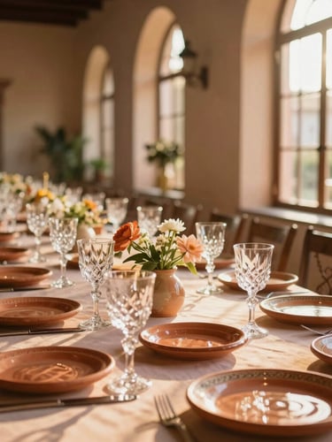 Elegant long banquet table set inside a historic Mexican estate, warm golden-hour light streaming through arched windows, rich terracotta plates, sparkling crystal glassware, shallow depth of field.