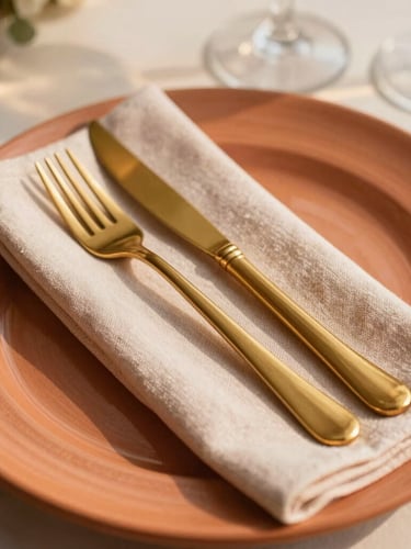 Close-up of a perfectly coordinated table setting, textured terracotta charger plate, custom linen napkin, polished gold cutlery, soft natural daylight, 35mm editorial photography.