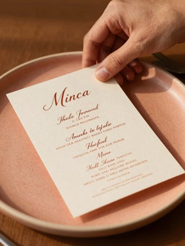 Close-up of a hand placing a custom calligraphed menu card onto a textured ceramic plate, warm natural light, elegant editorial photography, terracotta and peach tones, 35mm