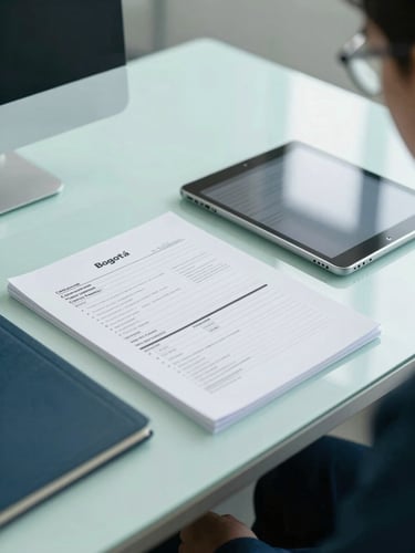 Structured corporate office desk in Bogotá, clinical testing forms and a digital tablet neatly arranged, bright natural light, clinical mint-teal accents, professional atmosphere.
