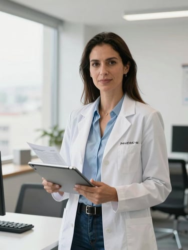 Wide environmental portrait of a professional female psychologist in a bright, modern office in Bogotá, holding a digital tablet with structured forms, clean natural lighting, clinical-corporate style.