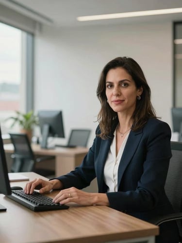 Retrato profesional de Tatiana Pacheco, psicóloga especialista en SST, sentada en una oficina moderna y luminosa en Bogotá, con un escritorio organizado y luz natural, encuadre medio, ambiente corporativo limpio y minimalista.