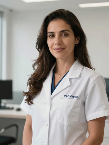 Professional environmental portrait of Tatiana Pacheco, a clinical psychologist and SST specialist, in a bright, modern office with clean lines and soft natural light.