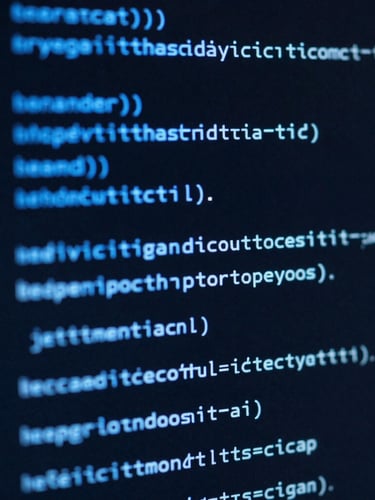 Macro close-up of dark computer screen with electric blue lines of code, cool low-key studio lighting, high contrast, technical atmosphere