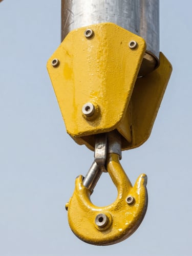 Close-up macro shot of a heavy-duty steel rigging shackle and hydraulic crane hook, safety yellow paint, pristine condition, high-contrast metallic textures, 35mm lens