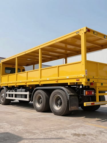Low-angle shot of a multi-axle lowbed trailer transport configuration parked on a dry industrial yard, high-contrast daylight, safety yellow paint, sharp metallic details.