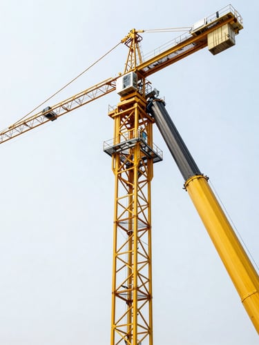Dramatic low-angle 35mm shot of a massive yellow mobile crane boom extending into a bright daylight sky, sharp metallic textures, high-contrast industrial site background