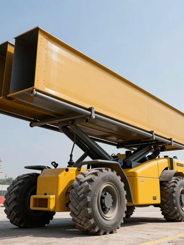 Low-angle shot of a heavy-duty telehandler carrying structural steel on a clean industrial construction site, sharp daylight, safety-yellow paint