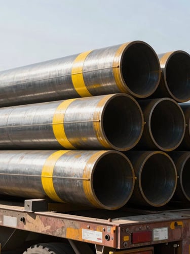Sharp industrial photography of a heavy-duty flatbed trailer loaded with industrial steel pipes, bright daylight, high-contrast metallic textures, 35mm lens
